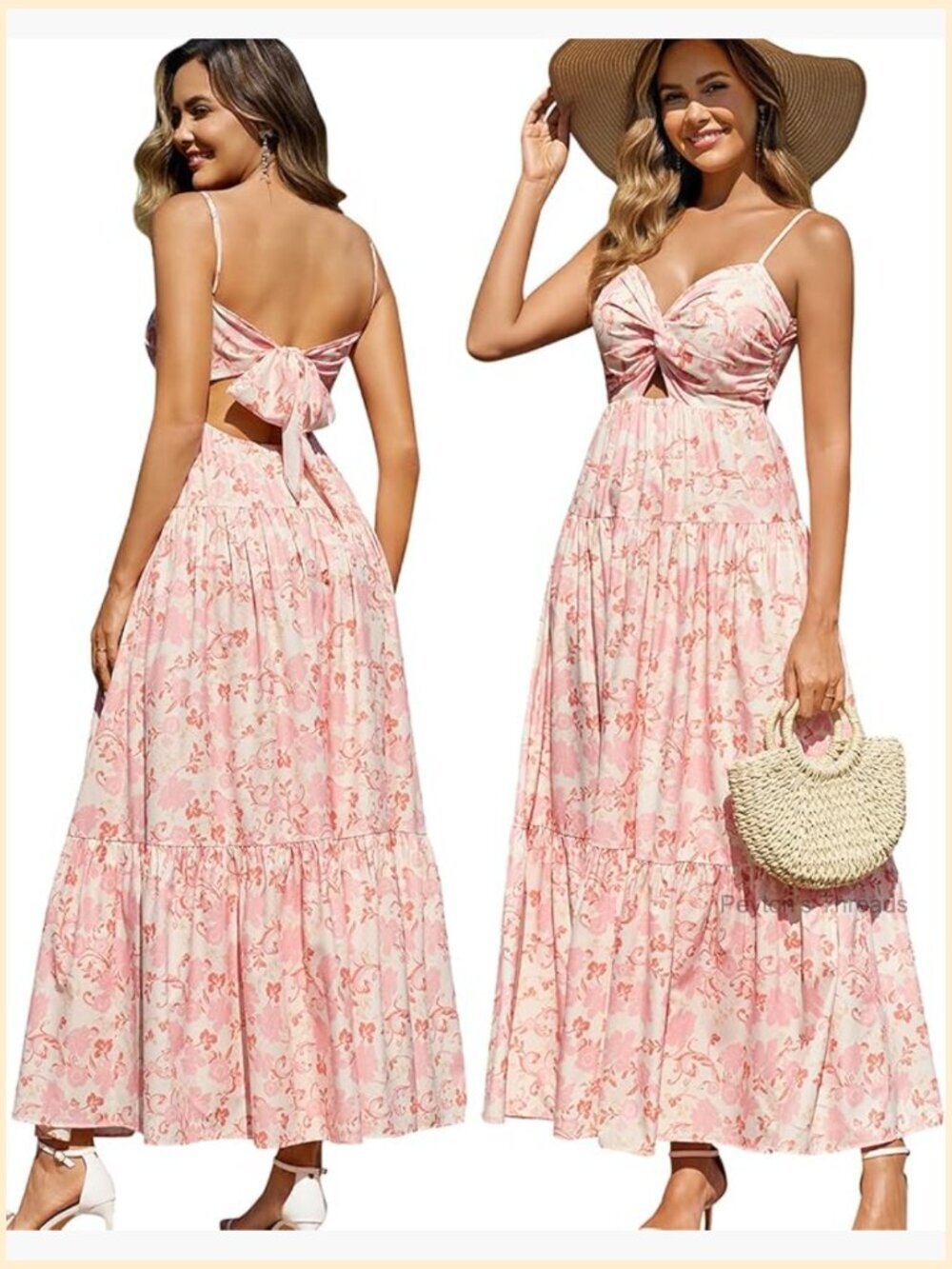 Summer Maxi Floral Dress Spaghetti Strap V-Neck Boho Beach Dress Flowy Tiered
